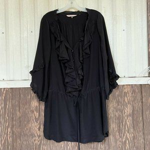 Rebecca Taylor black blouse flowy 100% silk cinch waist ruffle neck line